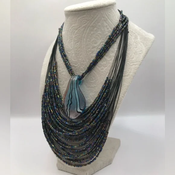 2 Multi-Strand Seed Bead & Glass pendant Necklaces - Picture 3 of 7